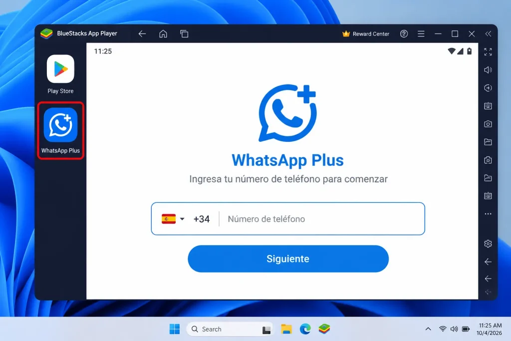 WhatsApp Plus para PC en 2026: Cómo Usarlo en Windows Paso a Paso Captura de pantalla de WhatsApp Plus abierto en BlueStacks, que muestra la pantalla para introducir el número de teléfono