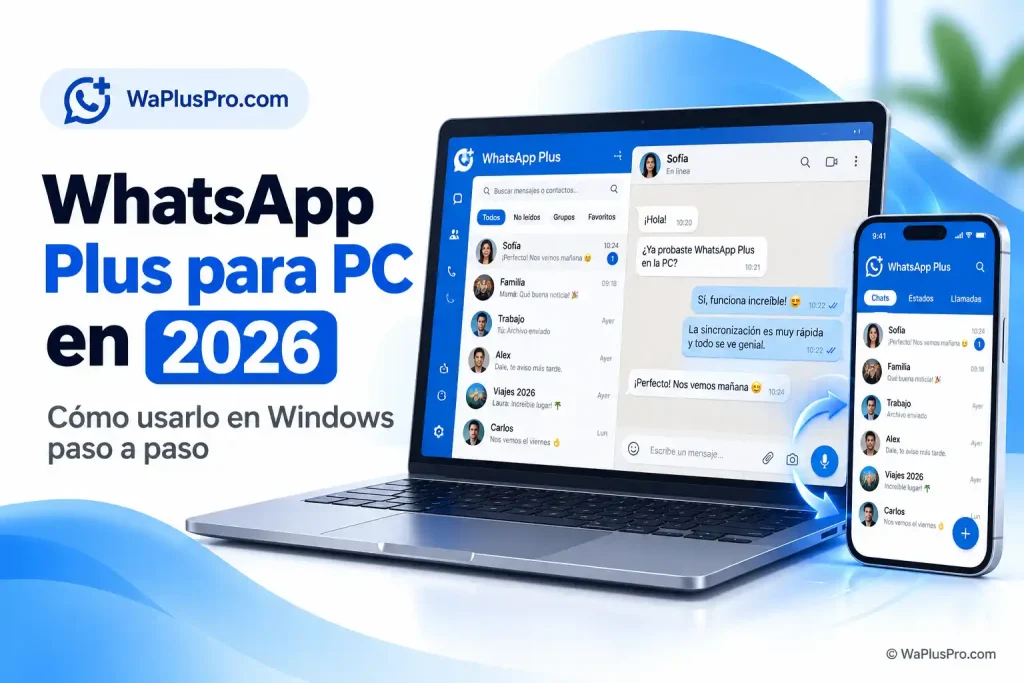 WhatsApp Plus para PC en Windows 2026 con sincronización entre móvil y ordenador