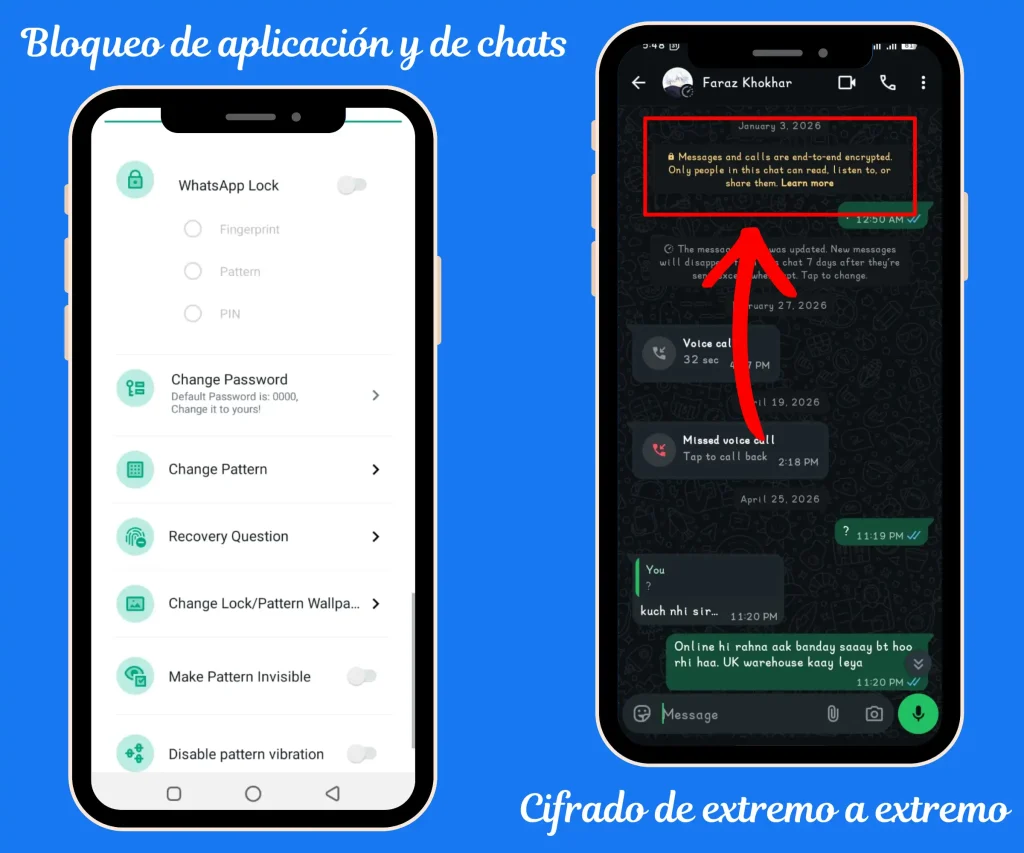 bloqueo de aplicación y chats y cifrado de extremo a extremo