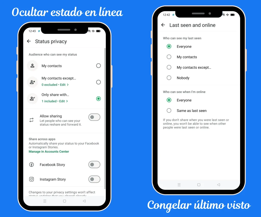 Ocultar estado en línea y congelar última vez visto