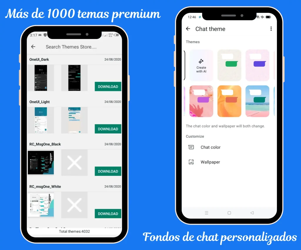 más de 1000 temas premium y fondos de chat personalizados