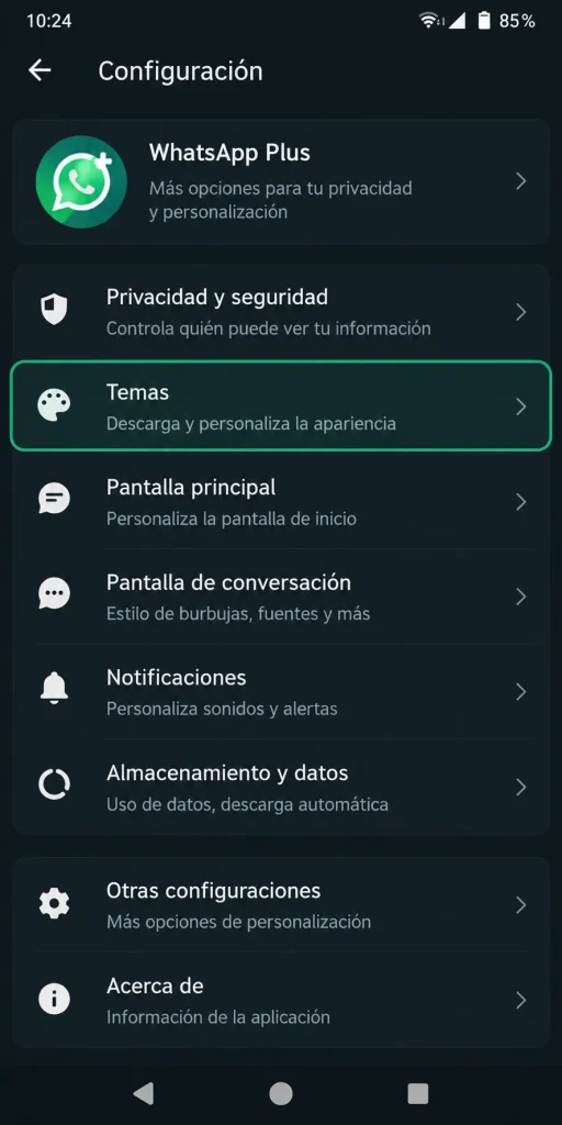 Cómo descargar, instalar y restaurar temas en WhatsApp Plus Configuración de WhatsApp Plus con la opción Temas resaltada
