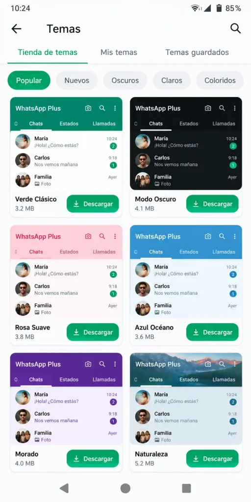 Cómo descargar, instalar y restaurar temas en WhatsApp Plus Tienda de temas de WhatsApp Plus con varios diseños para descargar