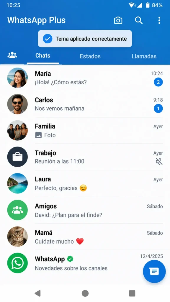Cómo descargar, instalar y restaurar temas en WhatsApp Plus Tema azul aplicado correctamente en WhatsApp Plus