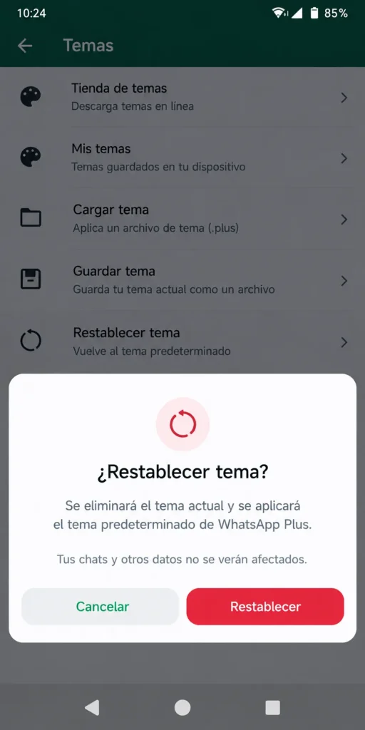 Cómo descargar, instalar y restaurar temas en WhatsApp Plus Confirmación para restablecer el tema predeterminado en WhatsApp Plus