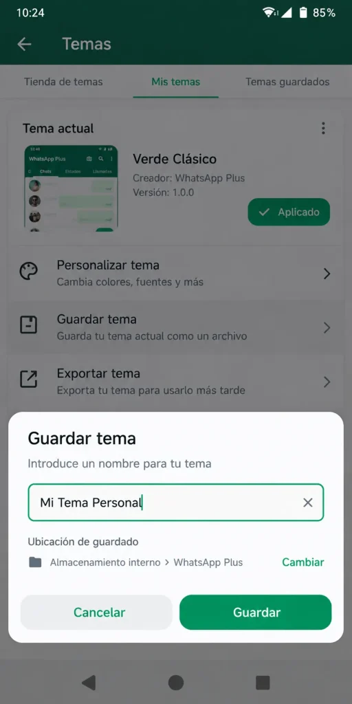 Cómo descargar, instalar y restaurar temas en WhatsApp Plus Opción para guardar el tema actual en WhatsApp Plus