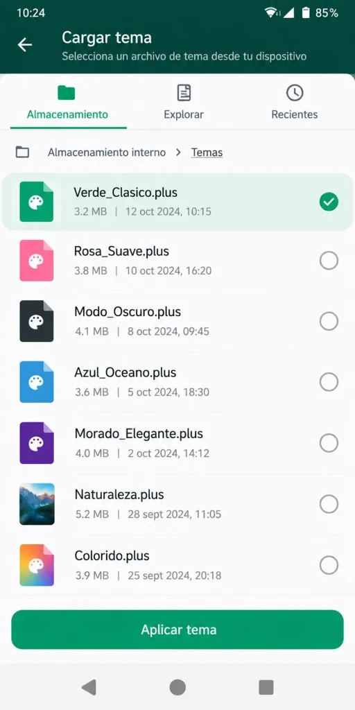 Cómo descargar, instalar y restaurar temas en WhatsApp Plus Pantalla para cargar un archivo de tema en WhatsApp Plus