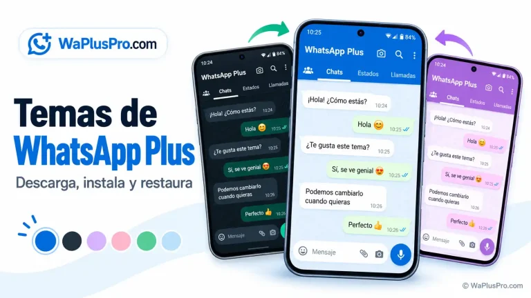 Temas de WhatsApp Plus en azul, oscuro y morado con opciones para cambiar y restaurar la apariencia